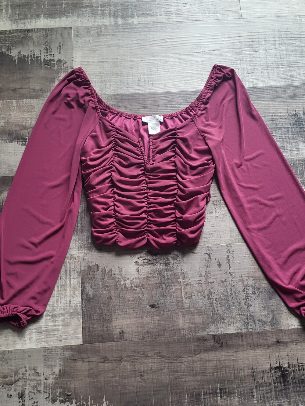 Kirious Ruched Crop Top Size Small Pink Long Sleeve Puff Sleeve Cottagecore Y2K